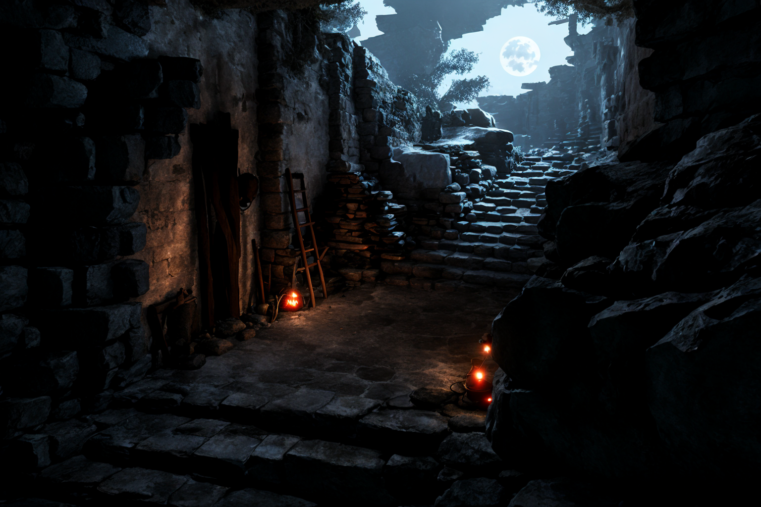 00547-3775693610-Concept art,eerie horror scenes,western magic style,stairs,scenery,ruins,sitting,fire,cave,outdoors,campfire,standing,moon,dark,.png